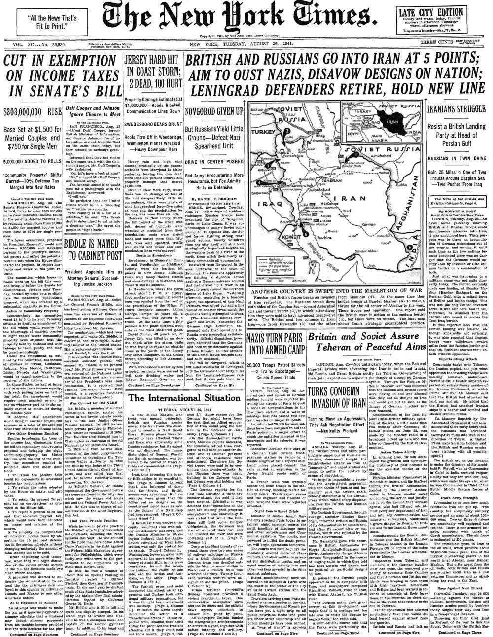 Tuesday, August 26, 1941 – The New York Times Front Page
