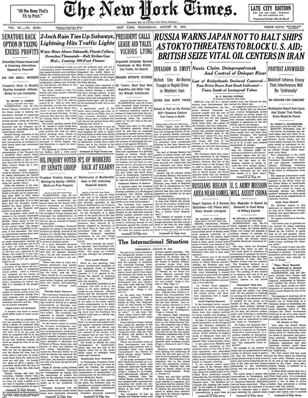 Wednesday, August 27, 1941 – The New York Times Front Page