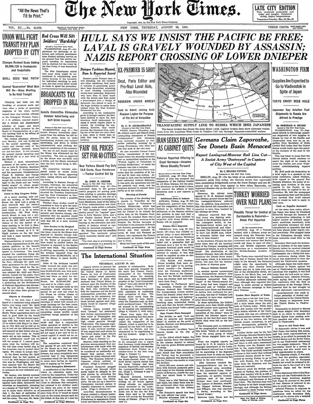 Thursday, August 28, 1941 – The New York Times Front Page