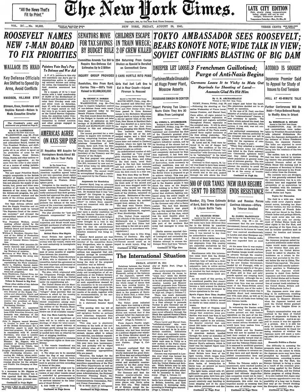 Friday, August 29, 1941 – The New York Times Front Page