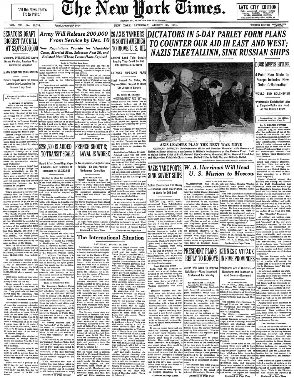 Saturday, August 30, 1941 – The New York Times Front Page