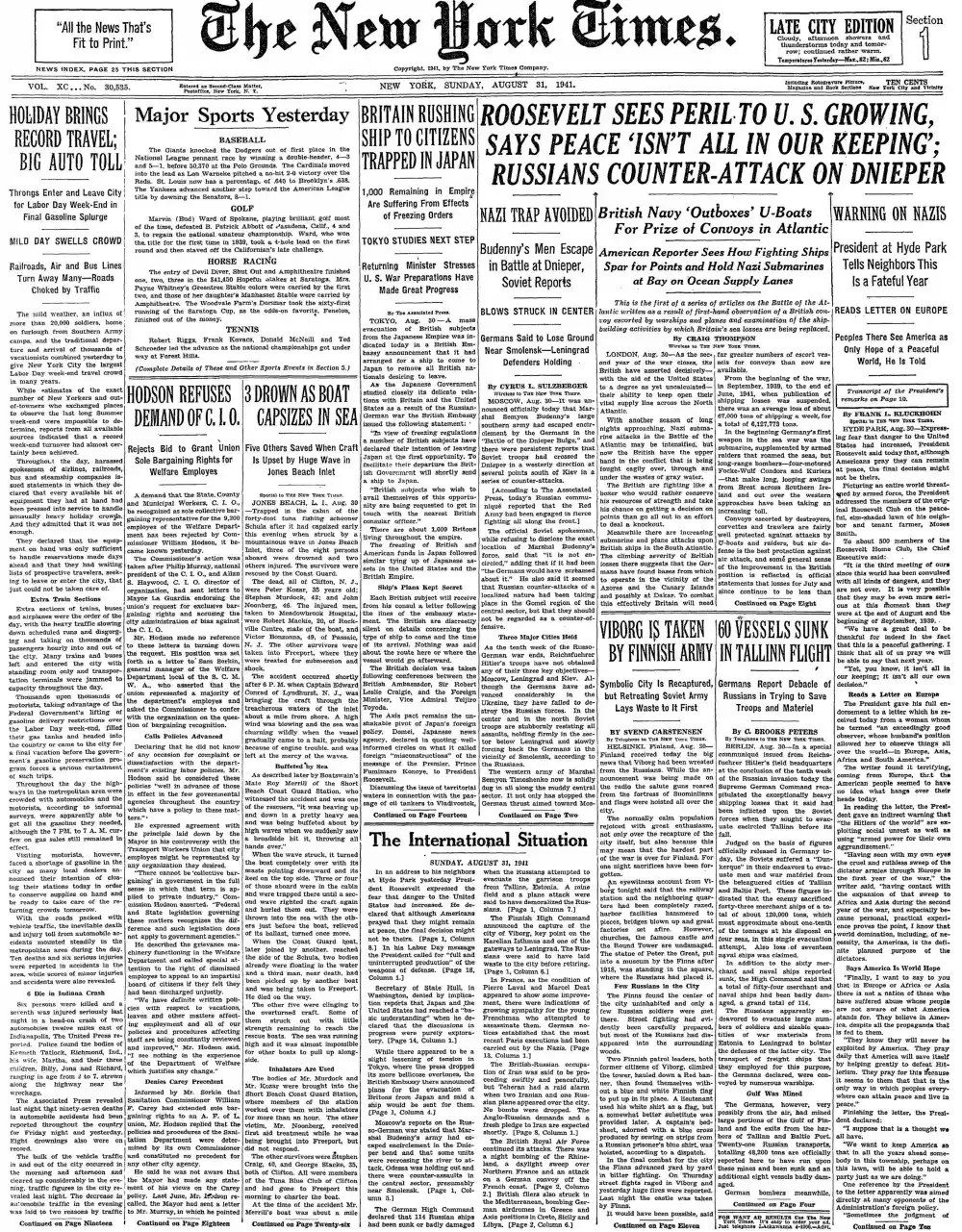 Sunday, August 31, 1941 – The New York Times Front Page