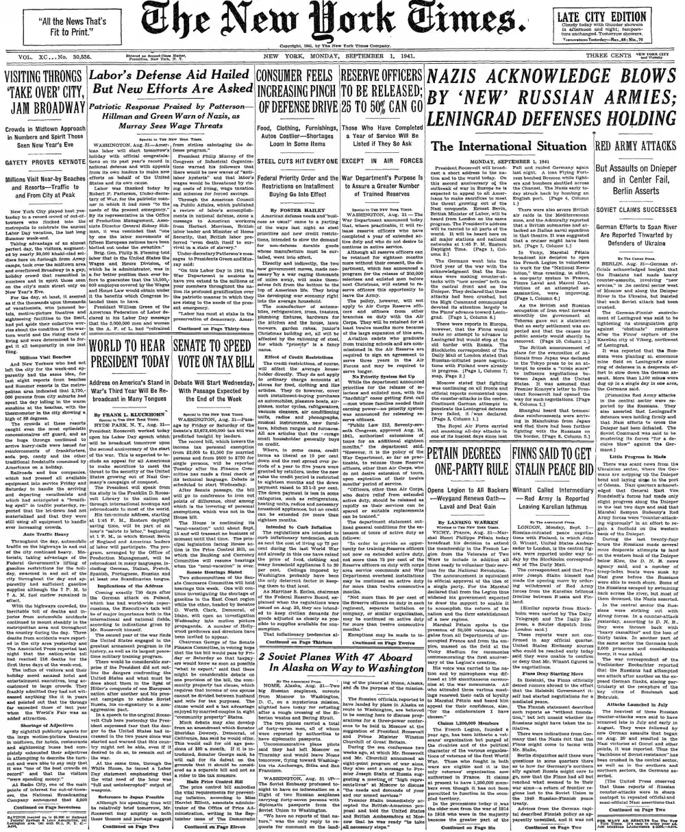 Monday, September 1, 1941 – The New York Times Front Page