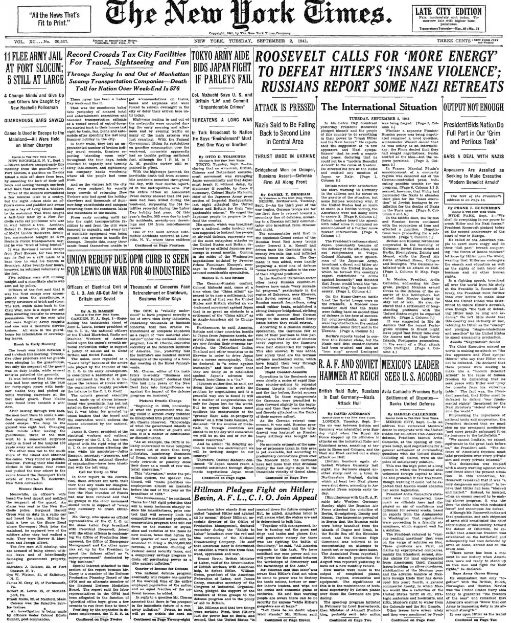 Tuesday, September 2, 1941 – The New York Times Front Page
