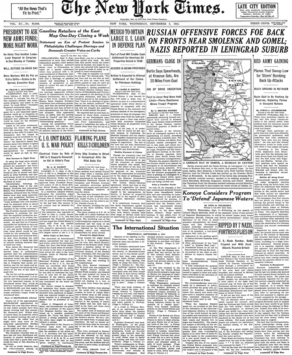 Wednesday, September 3, 1941 – The New York Times Front Page
