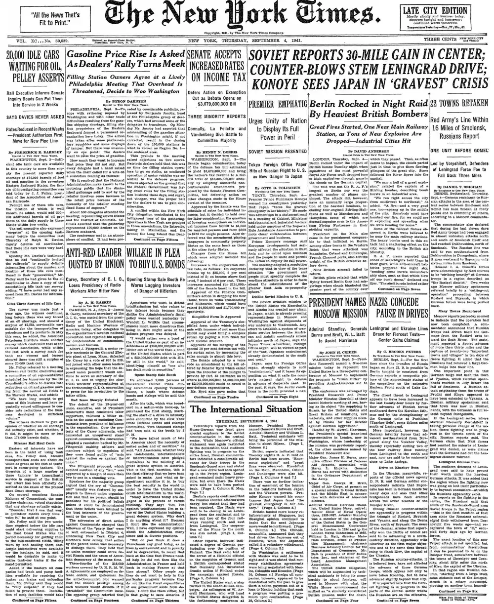 Thursday, September 4, 1941 – The New York Times Front Page