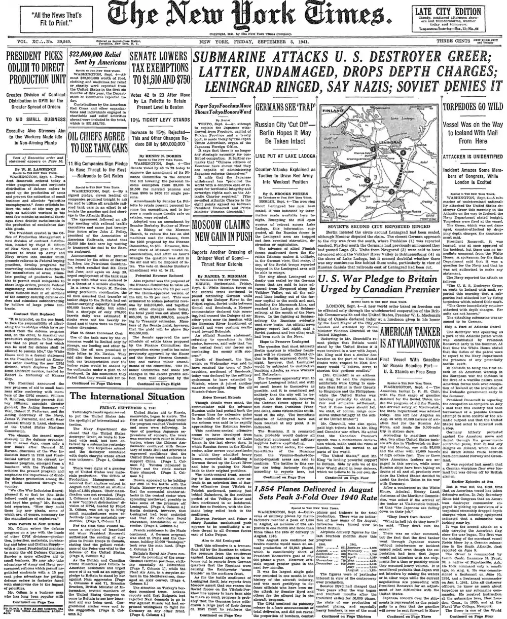 Friday, September 5, 1941 – The New York Times Front Page