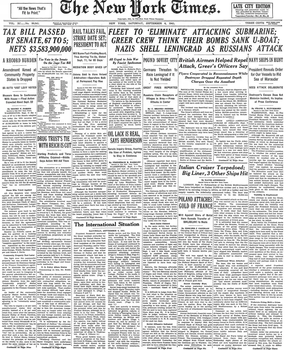 Saturday, September 6, 1941 – The New York Times Front Page