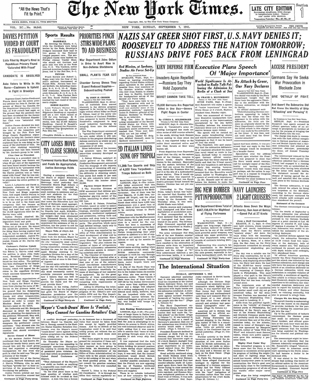 Sunday, September 7, 1941 – The New York Times Front Page