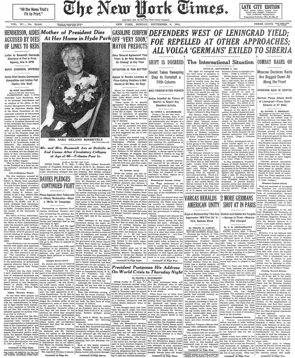 Monday, September 8, 1941 – The New York Times Front Page