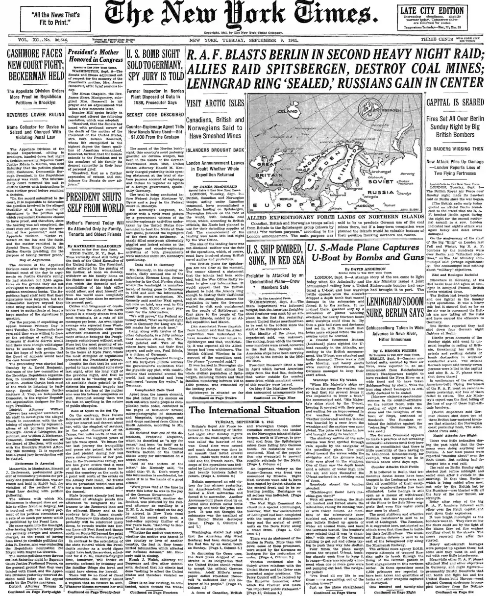 Tuesday, September 9, 1941 – The New York Times Front Page