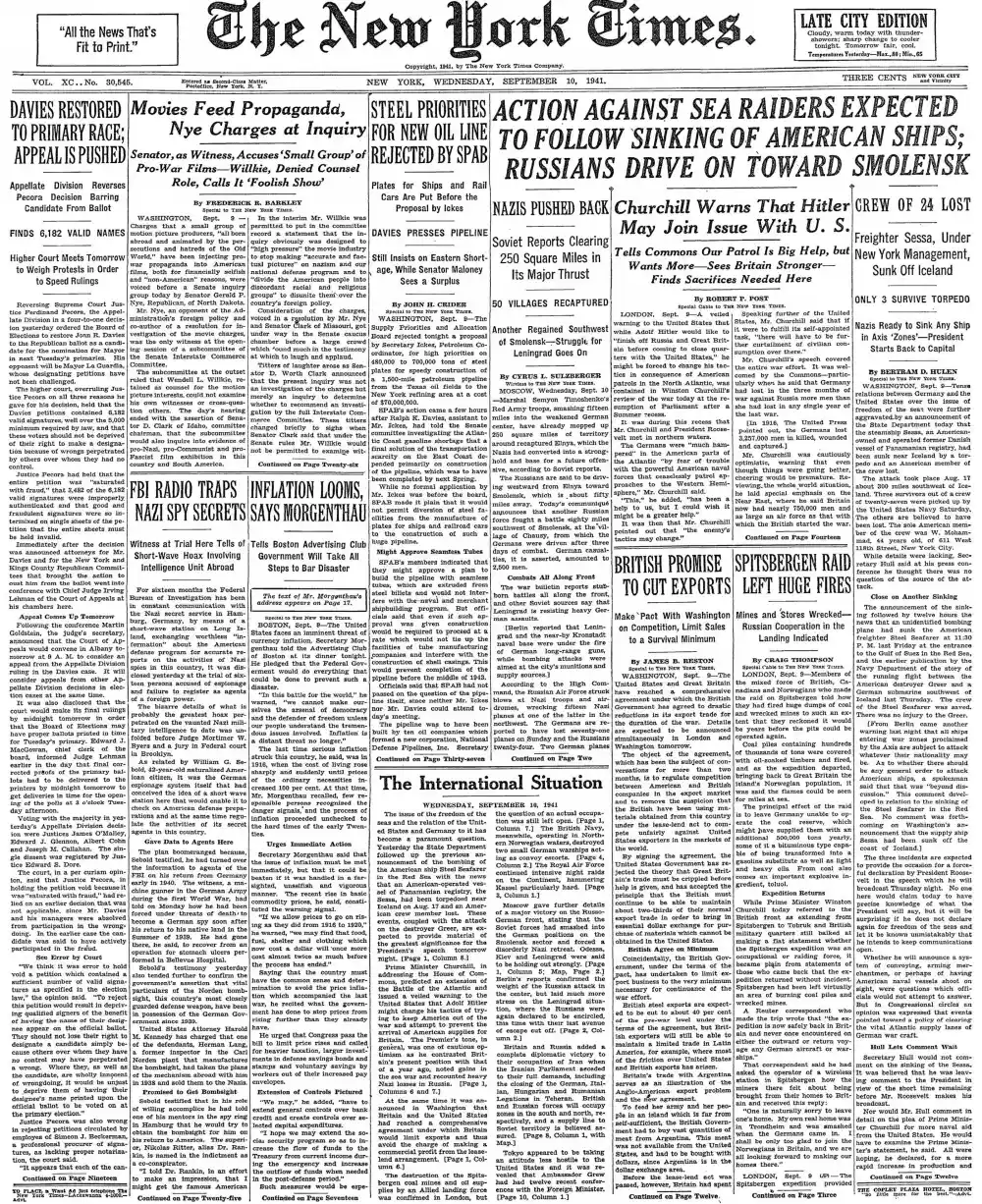 Wednesday, September 10, 1941 – The New York Times Front Page