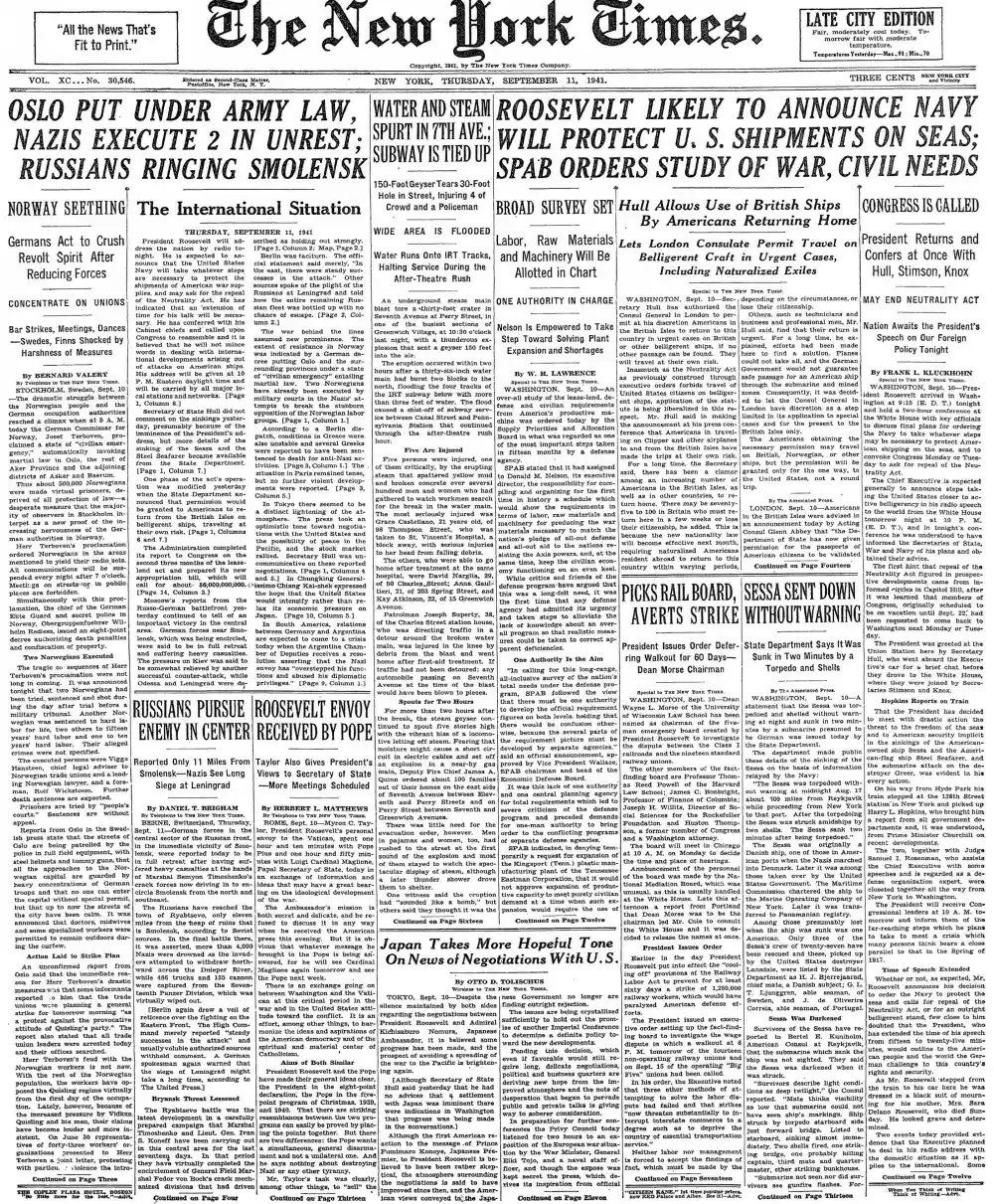 Thursday, September 11, 1941 – The New York Times Front Page