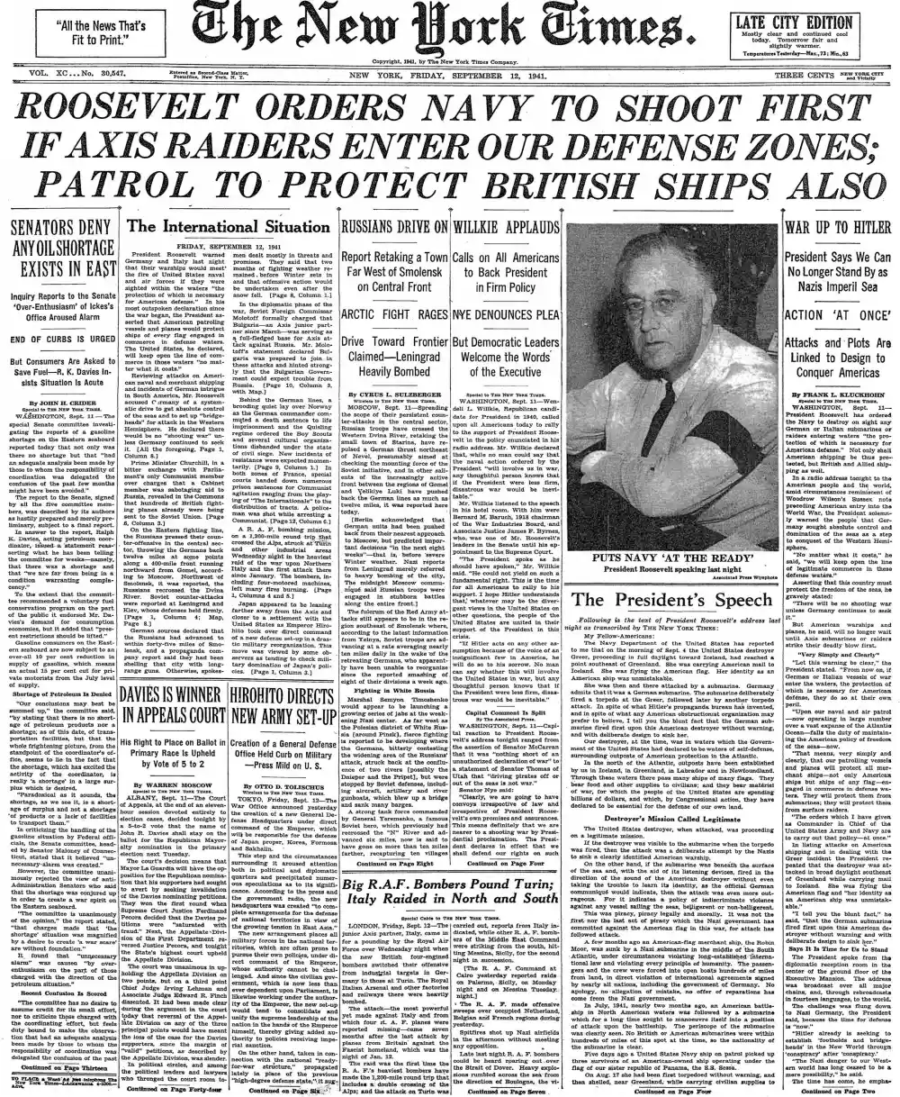 Friday, September 12, 1941 – The New York Times Front Page