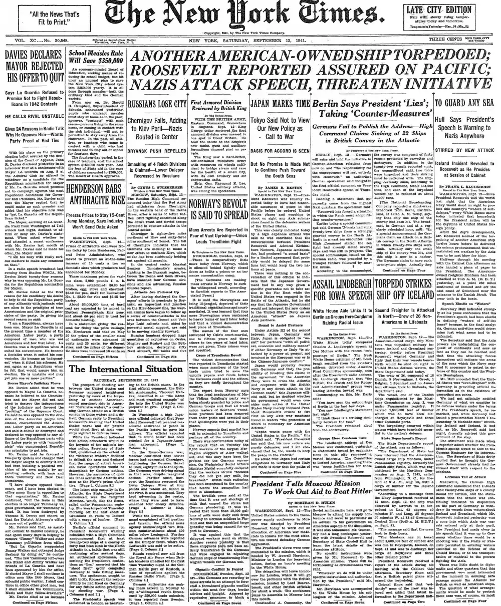 Saturday, September 13, 1941 – The New York Times Front Page