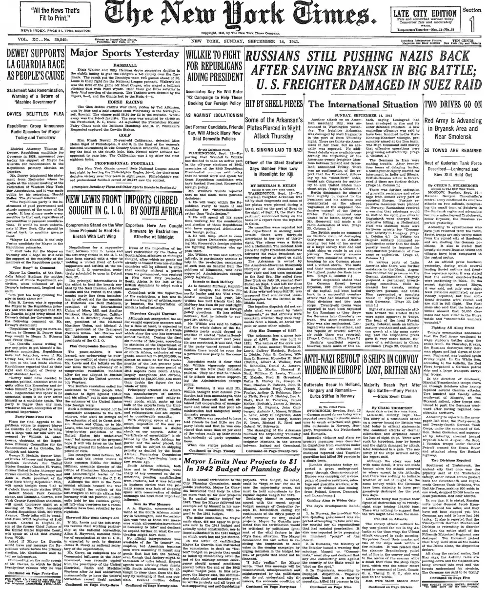 Sunday, September 14, 1941 – The New York Times Front Page