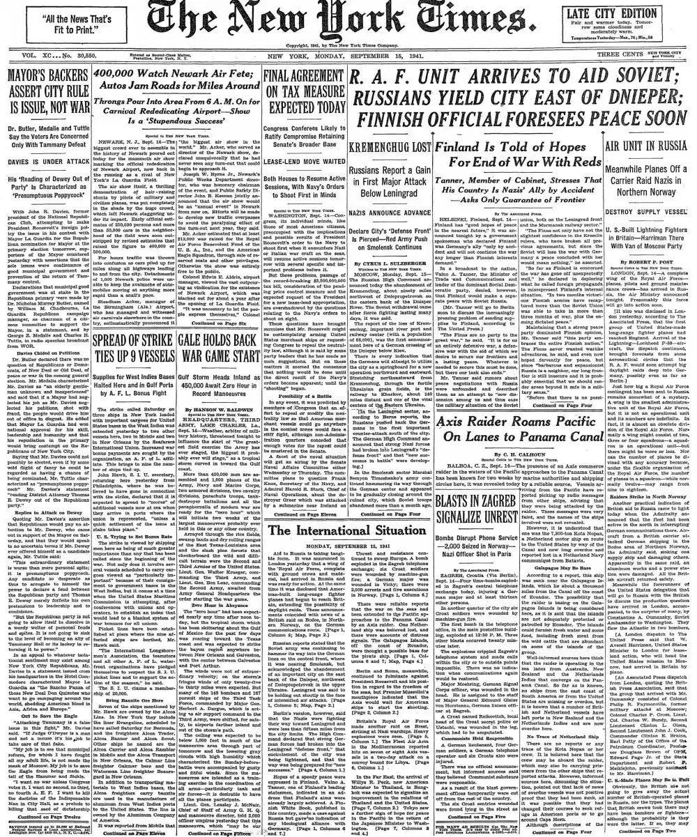 Monday, September 15, 1941 – The New York Times Front Page