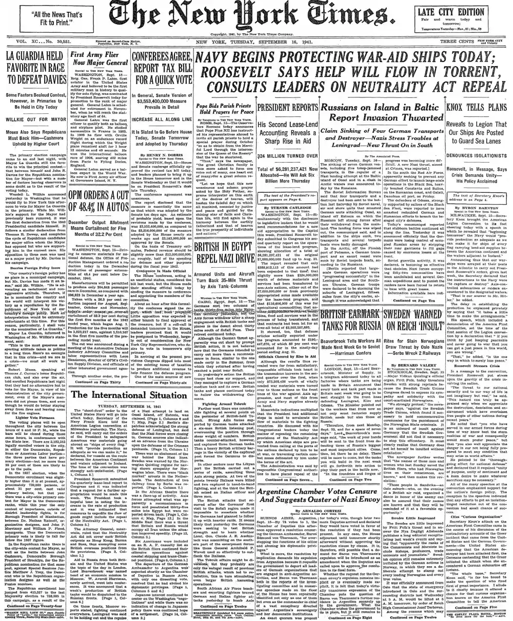 Tuesday, September 16, 1941 – The New York Times Front Page