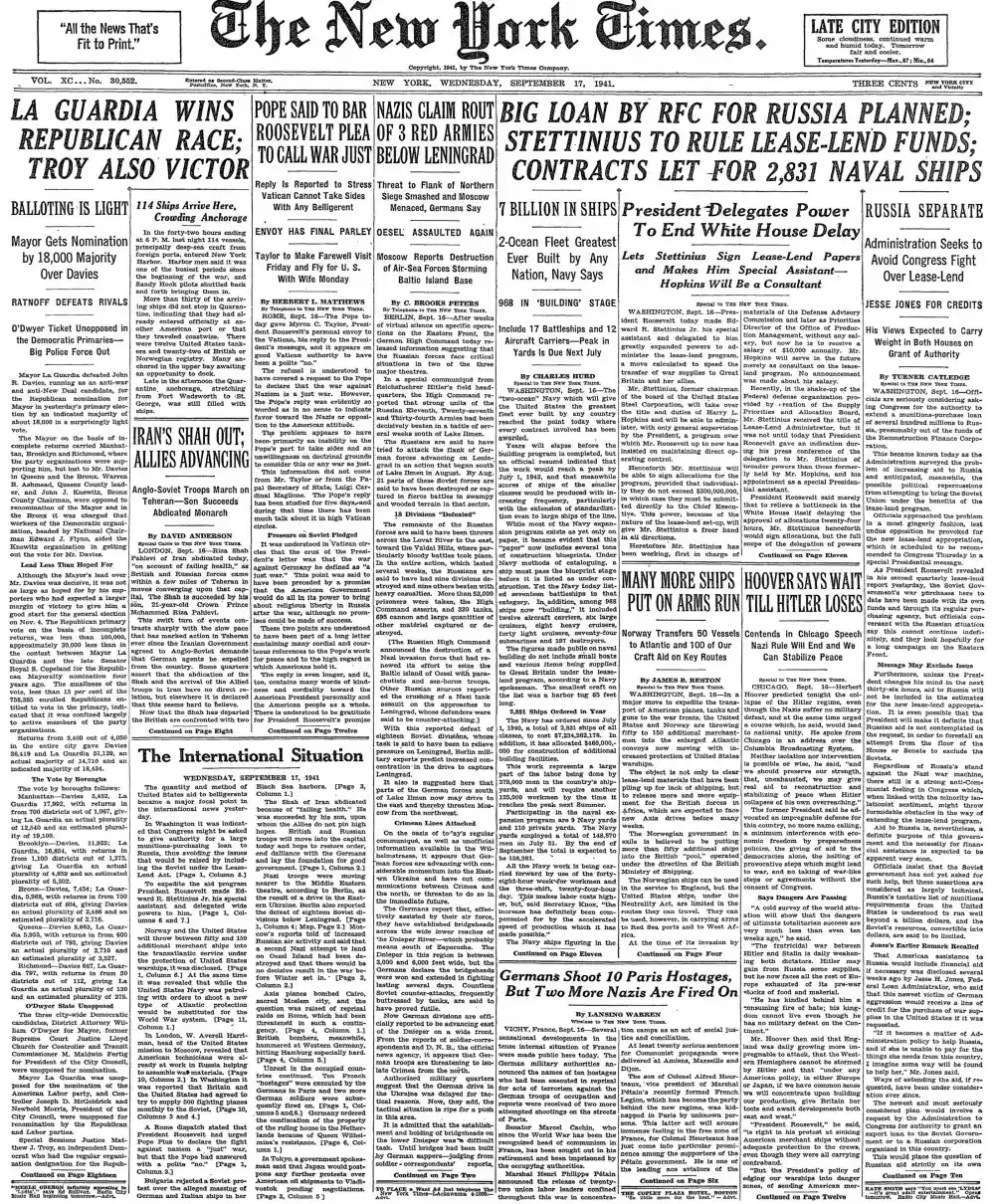 Wednesday, September 17, 1941 – The New York Times Front Page