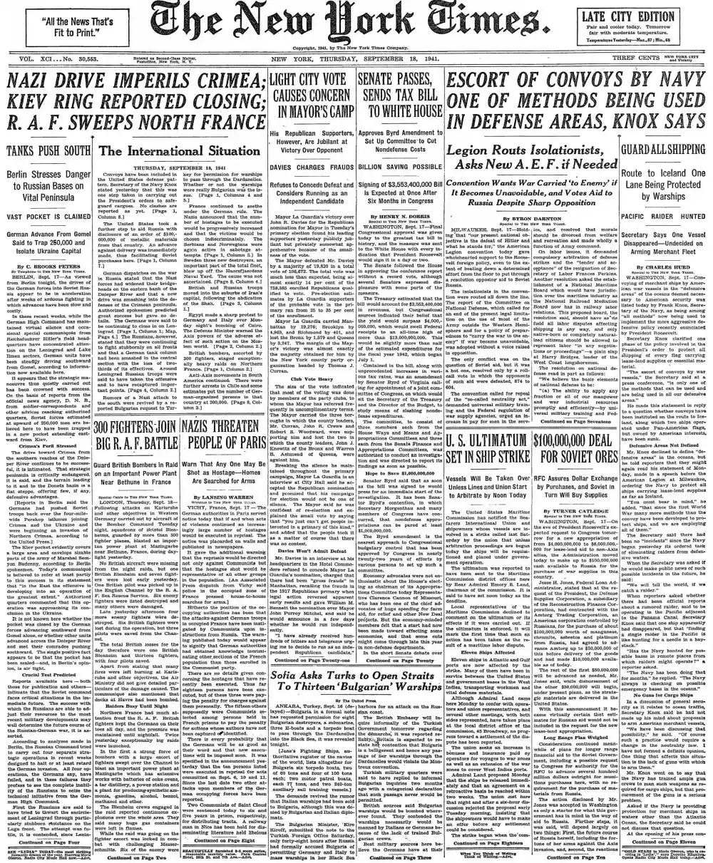 Thursday, September 18, 1941 – The New York Times Front Page