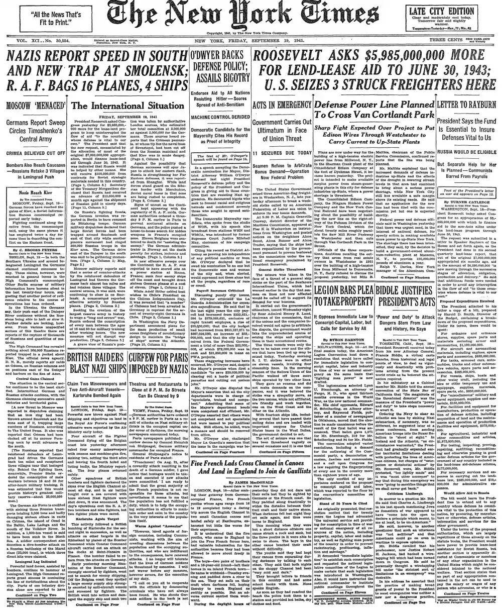 Friday, September 19, 1941 – The New York Times Front Page