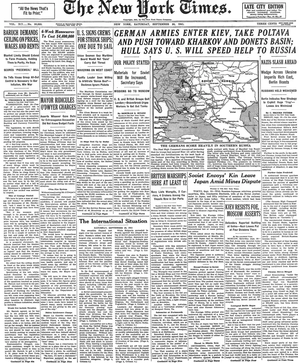 Saturday, September 20, 1941 – The New York Times Front Page