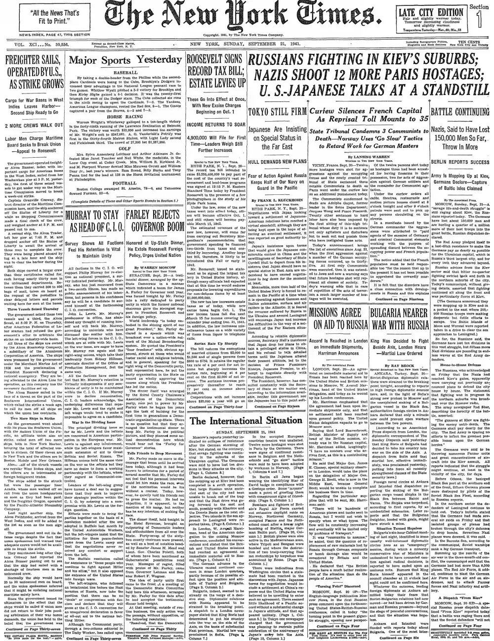 Sunday, September 21, 1941 – The New York Times Front Page
