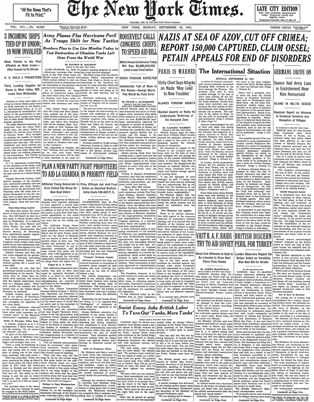 Monday, September 22, 1941 – The New York Times Front Page