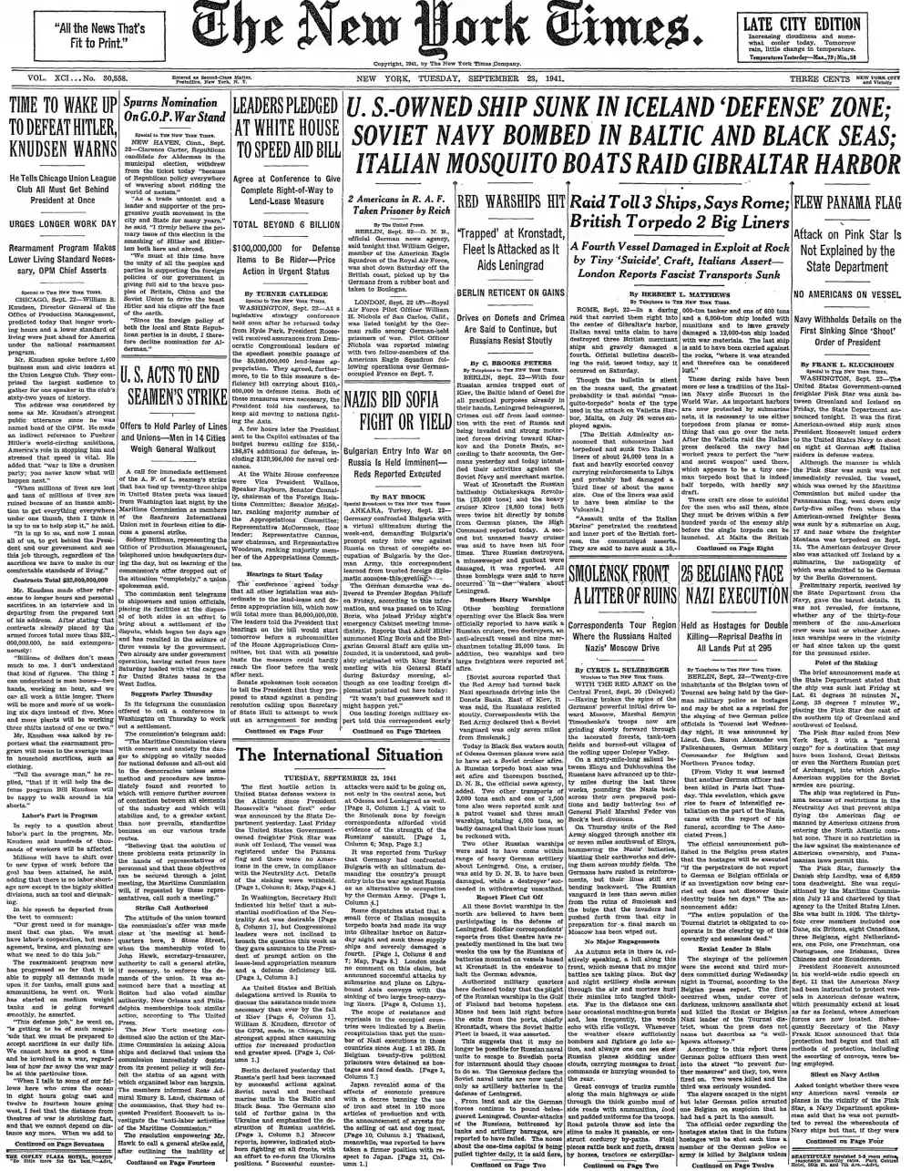 Tuesday, September 23, 1941 – The New York Times Front Page