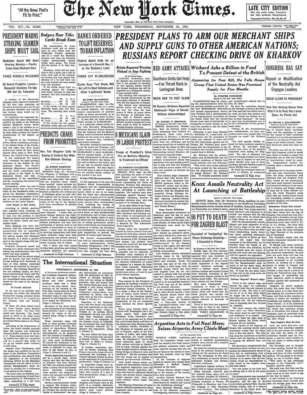Wednesday, September 24, 1941 – The New York Times Front Page