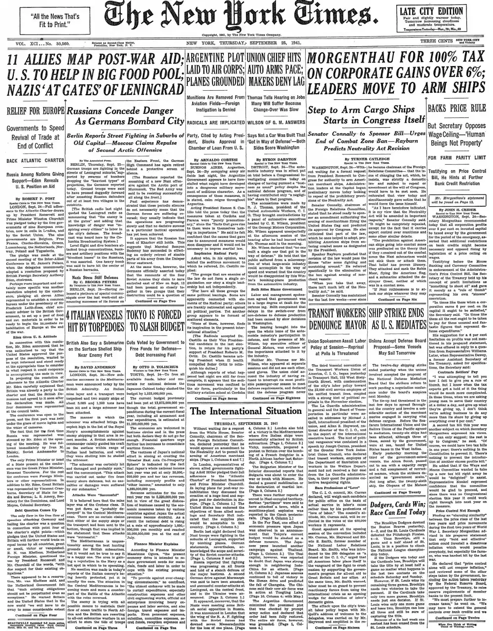Thursday, September 25, 1941 – The New York Times Front Page