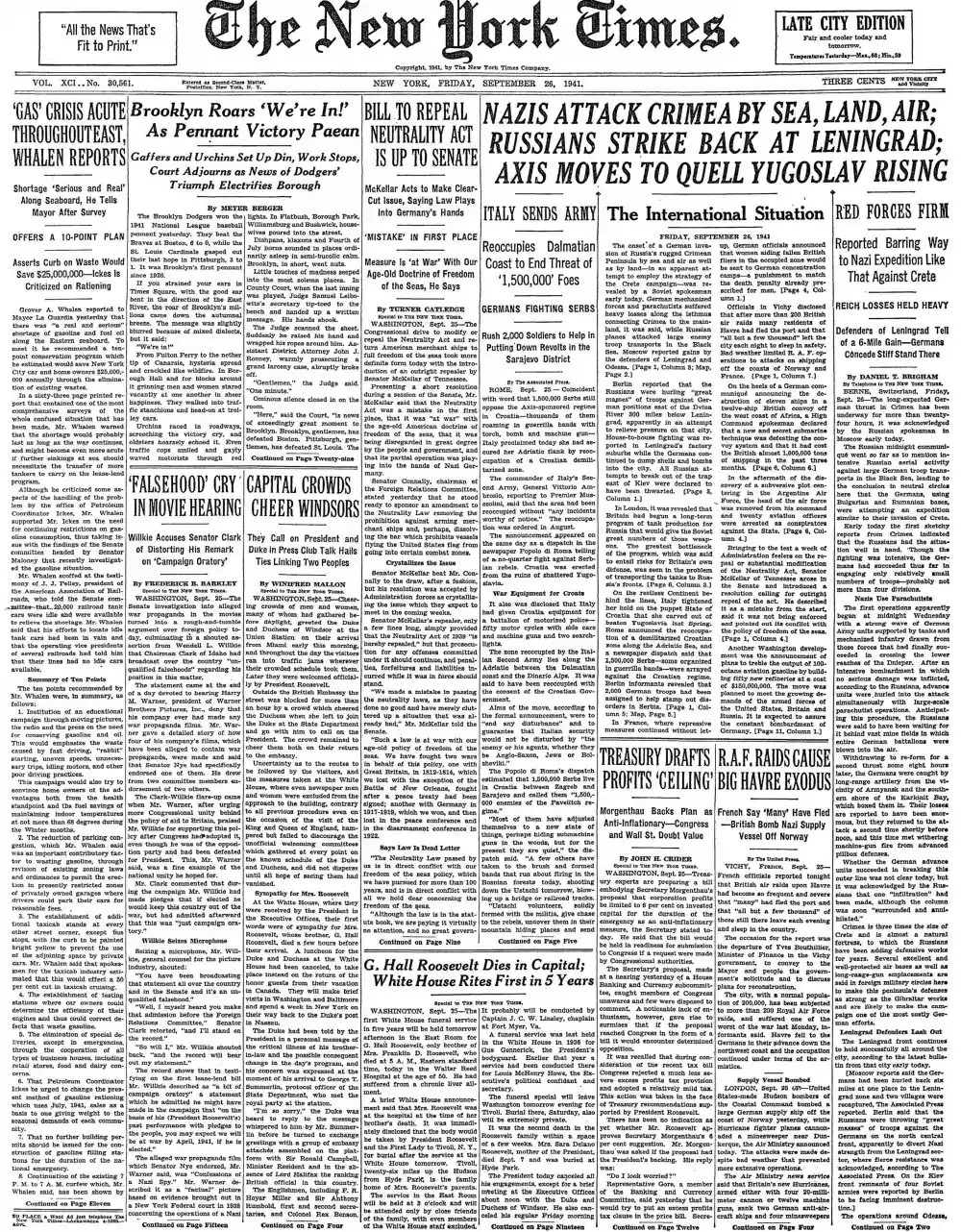 Friday, September 26, 1941 – The New York Times Front Page