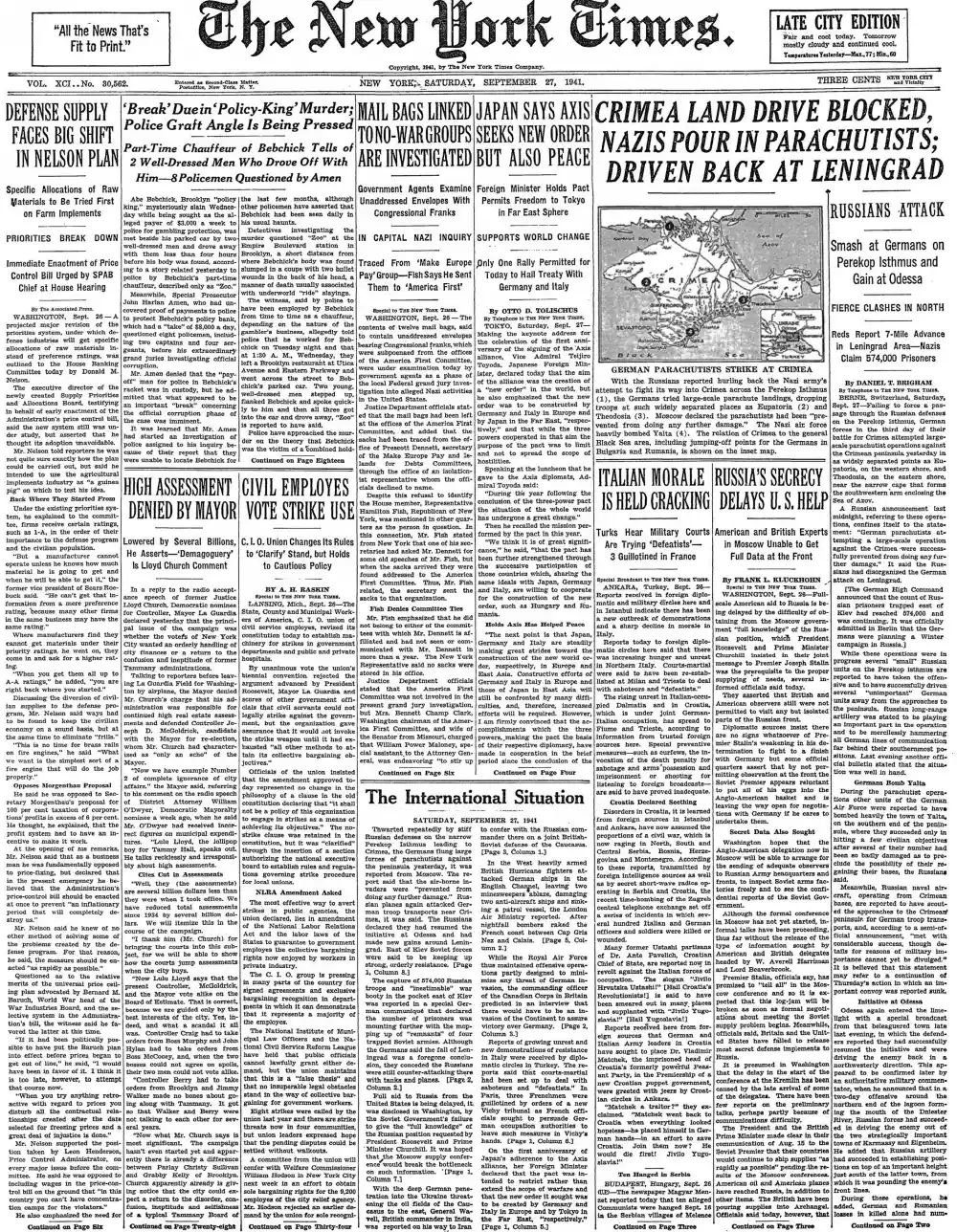 Saturday, September 27, 1941 – The New York Times Front Page