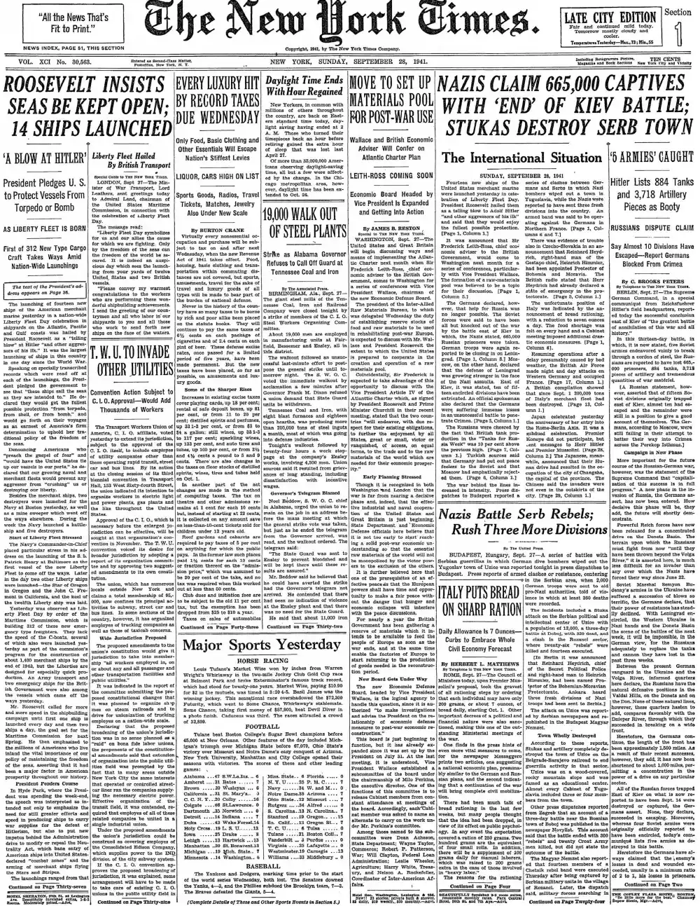 Sunday, September 28, 1941 – The New York Times Front Page