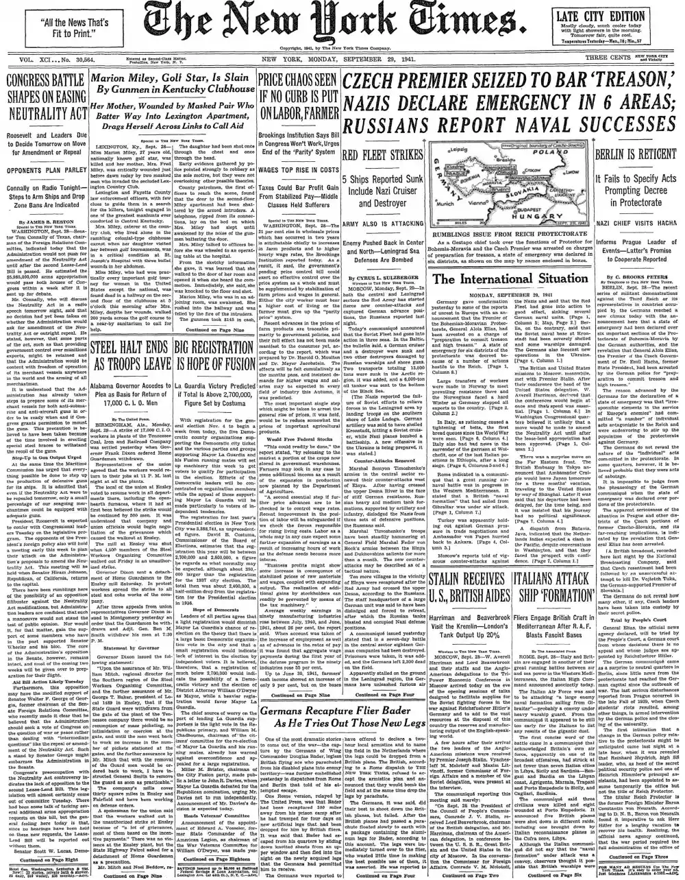 Monday, September 29, 1941 – The New York Times Front Page