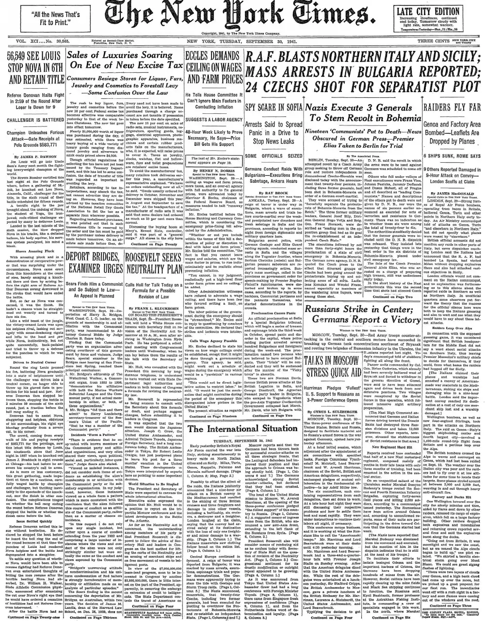 Tuesday, September 30, 1941 – The New York Times Front Page