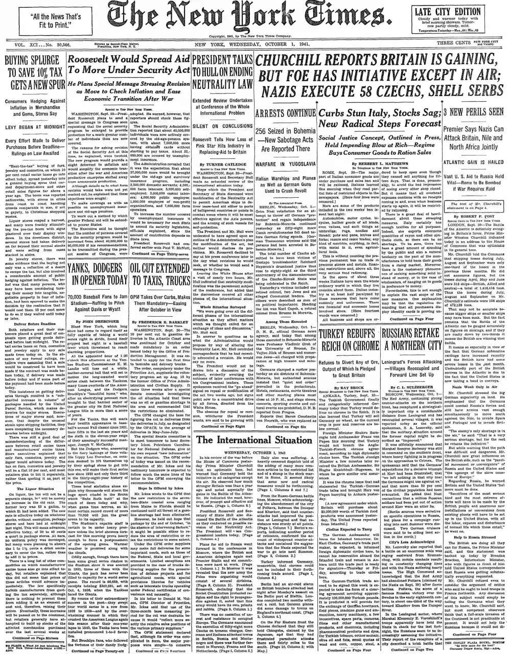 Wednesday, October 1, 1941 – The New York Times Front Page