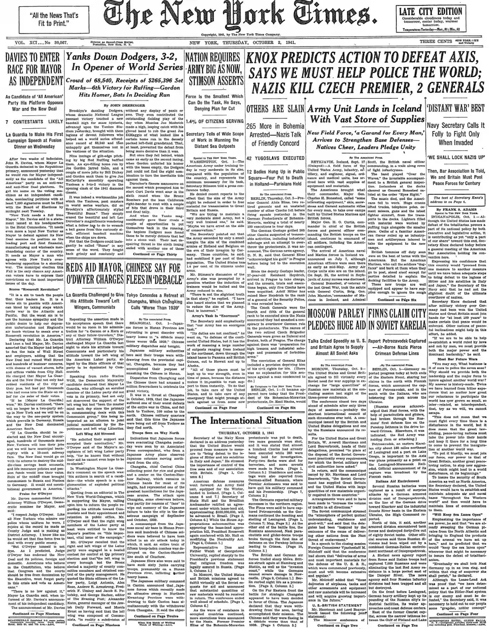 Thursday, October 2, 1941 – The New York Times Front Page