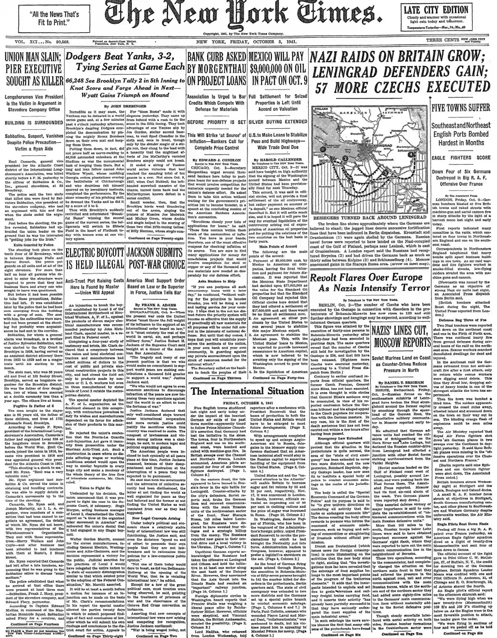 Friday, October 3, 1941 – The New York Times Front Page