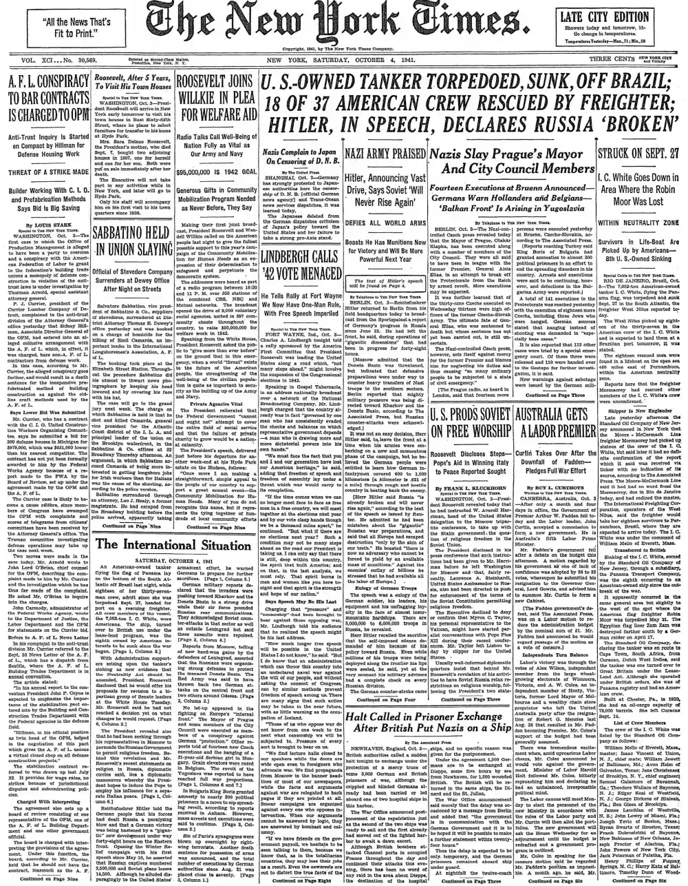 Saturday, October 4, 1941 – The New York Times Front Page