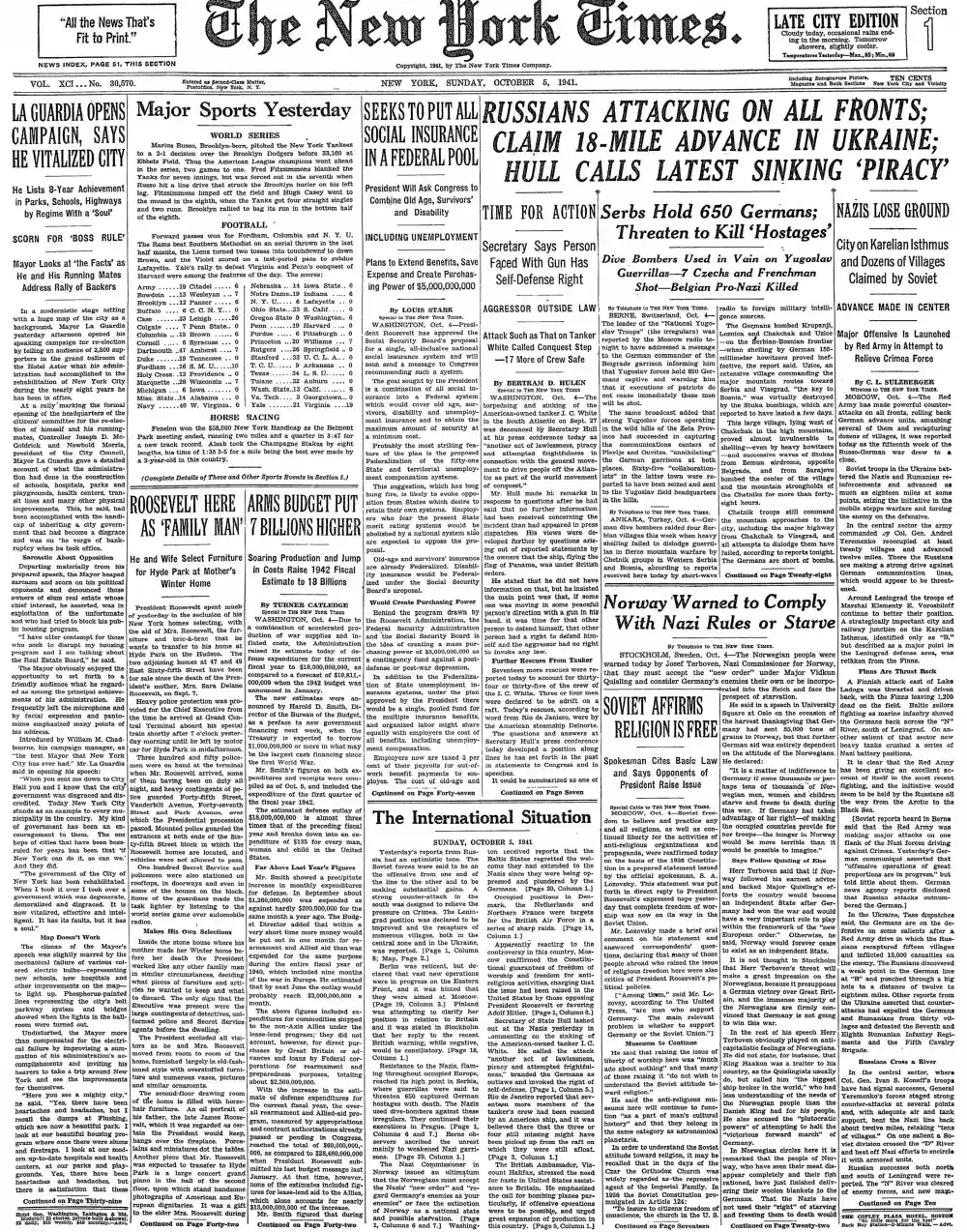 Sunday, October 5, 1941 – The New York Times Front Page