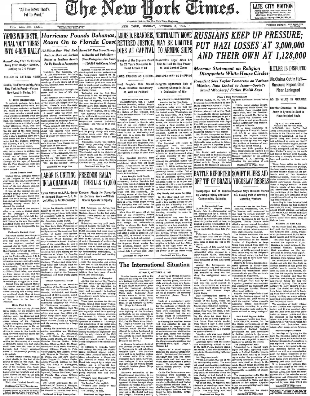 Monday, October 6, 1941 – The New York Times Front Page