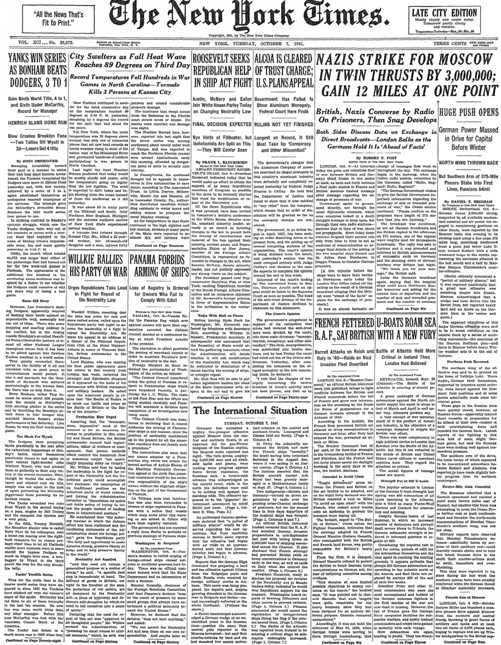 Tuesday, October 7, 1941 – The New York Times Front Page