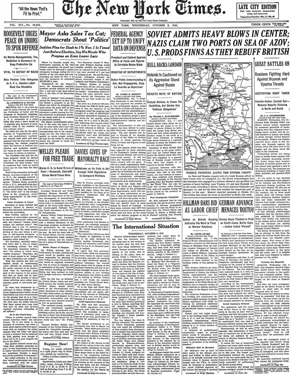 Wednesday, October 8, 1941 – The New York Times Front Page
