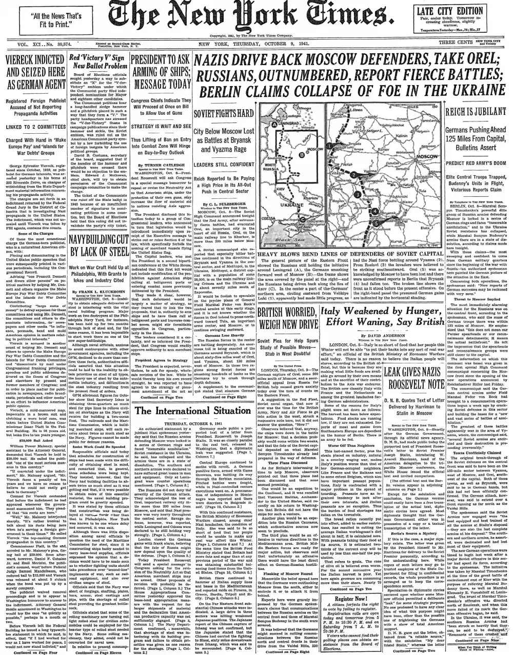 Thursday, October 9, 1941 – The New York Times Front Page