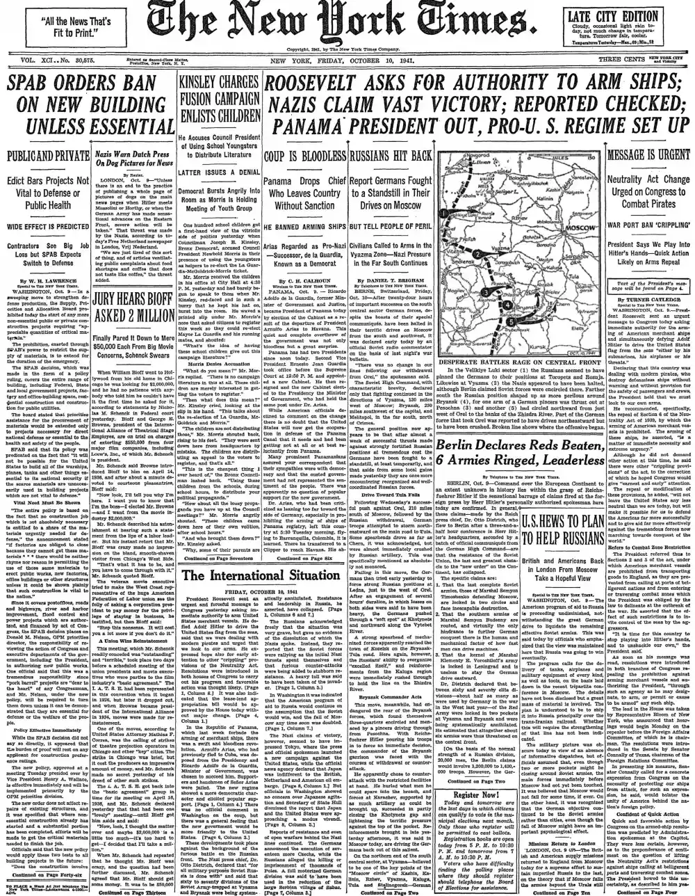 Friday, October 10, 1941 – The New York Times Front Page