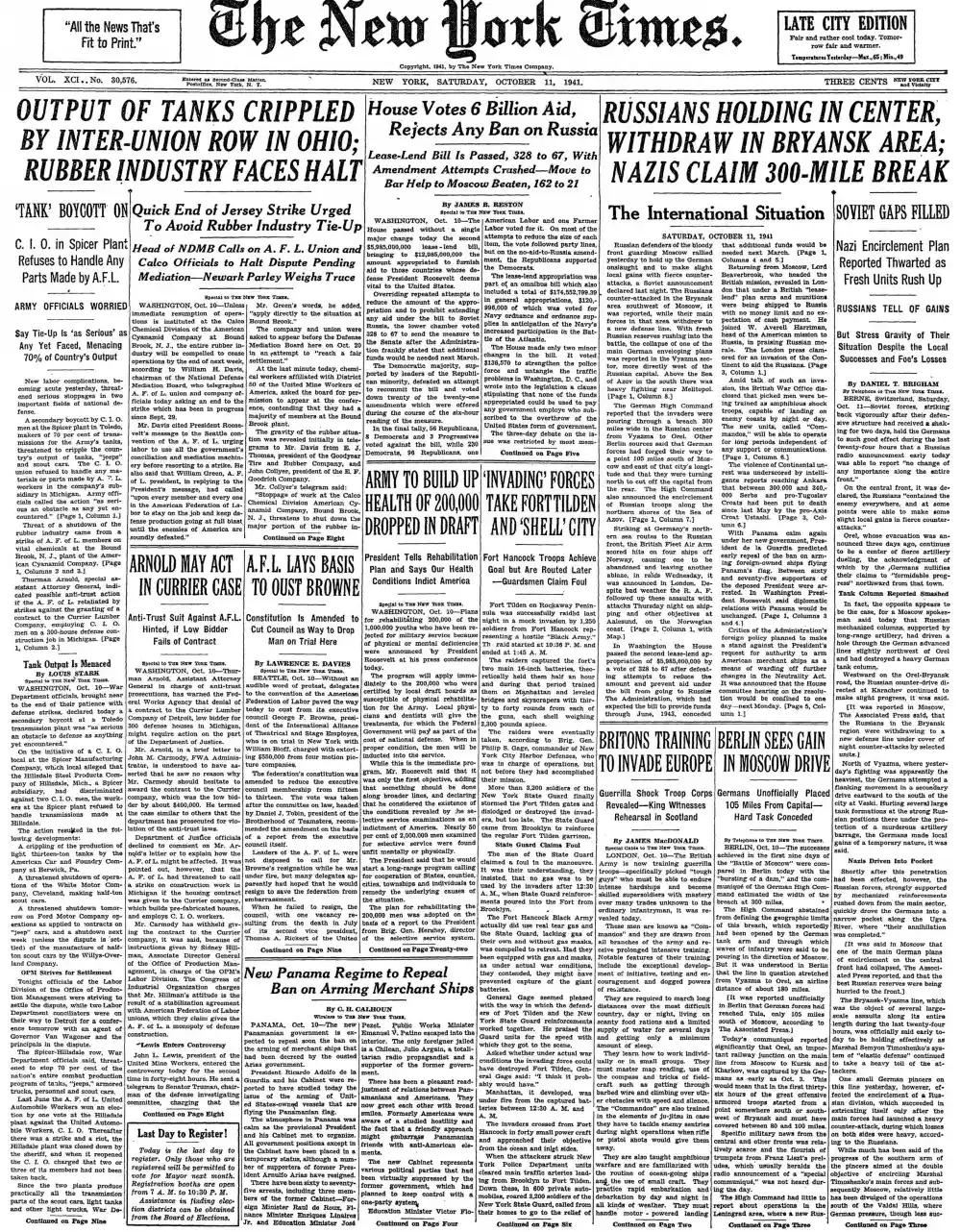 Saturday, October 11, 1941 – The New York Times Front Page