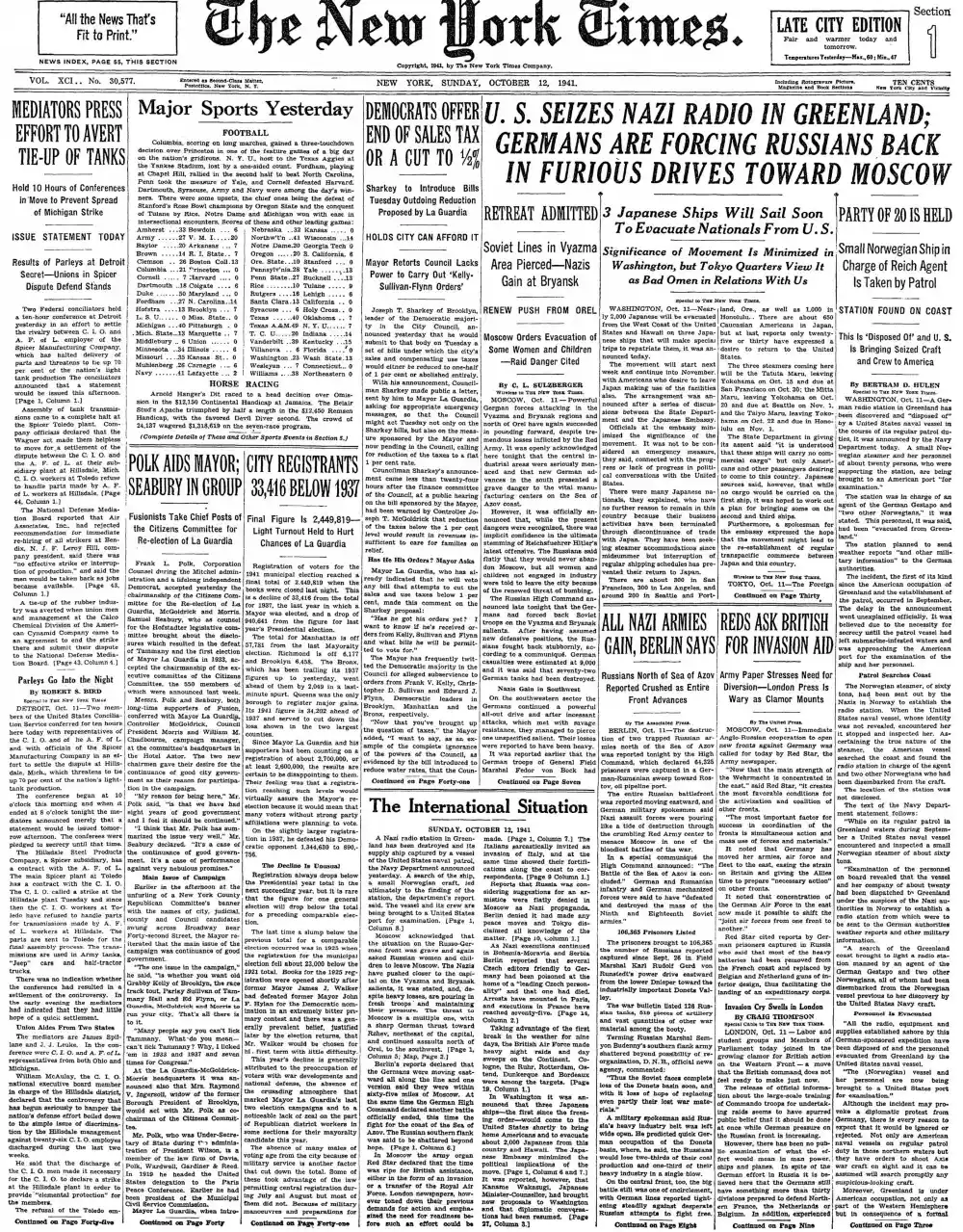 Sunday, October 12, 1941 – The New York Times Front Page