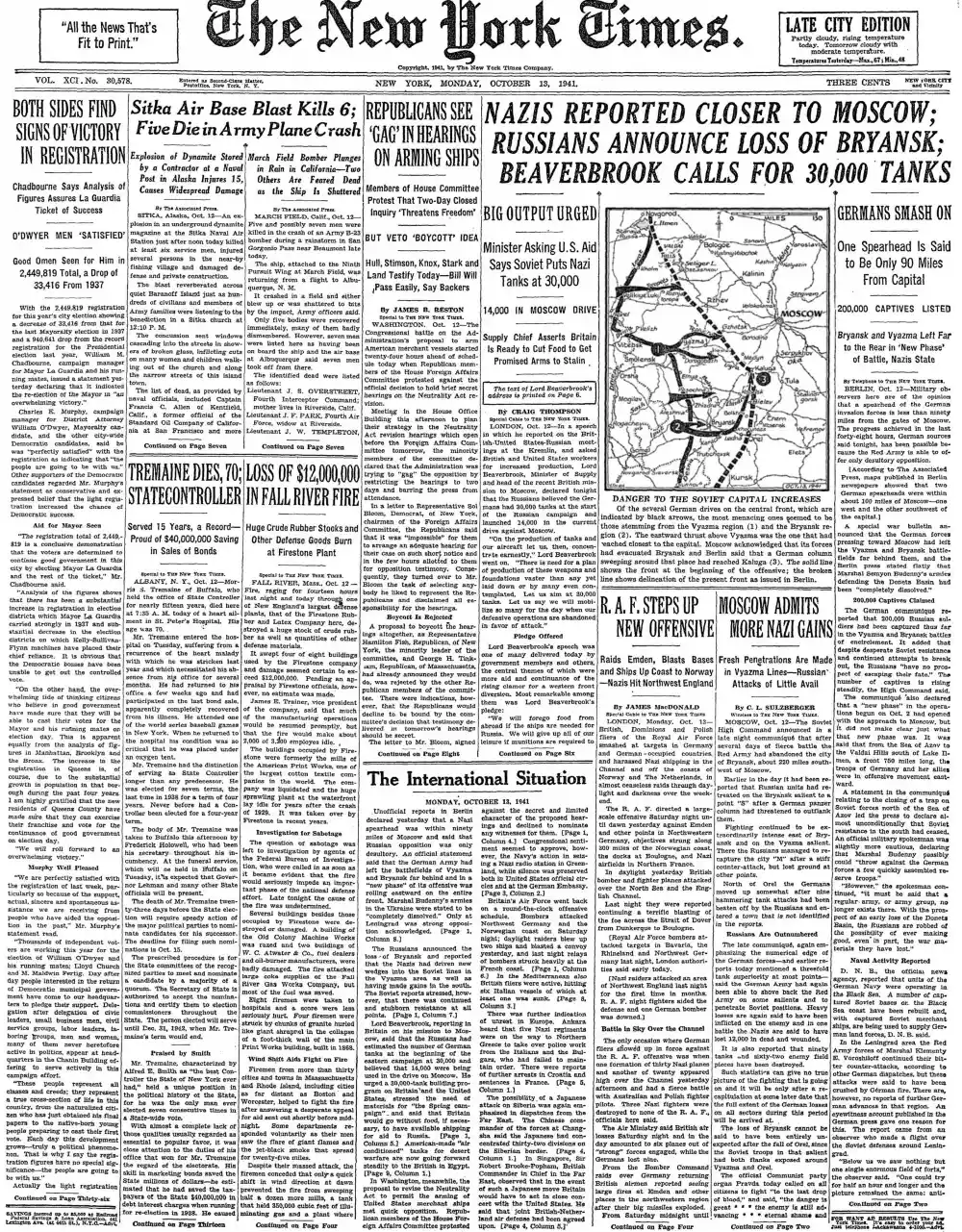 Monday, October 13, 1941 – The New York Times Front Page