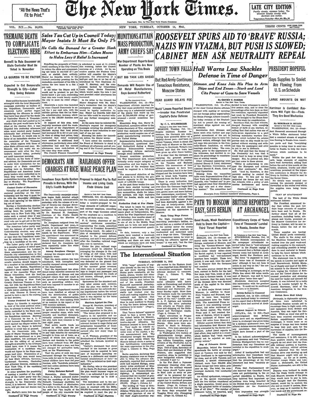 Tuesday, October 14, 1941 – The New York Times Front Page